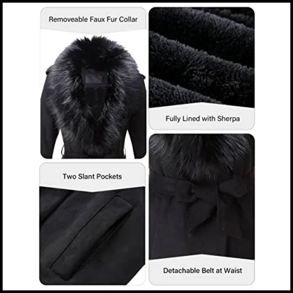 Faux Leather Trench Coat Fleece-Lined Mid-Length Detachable Fur Collar